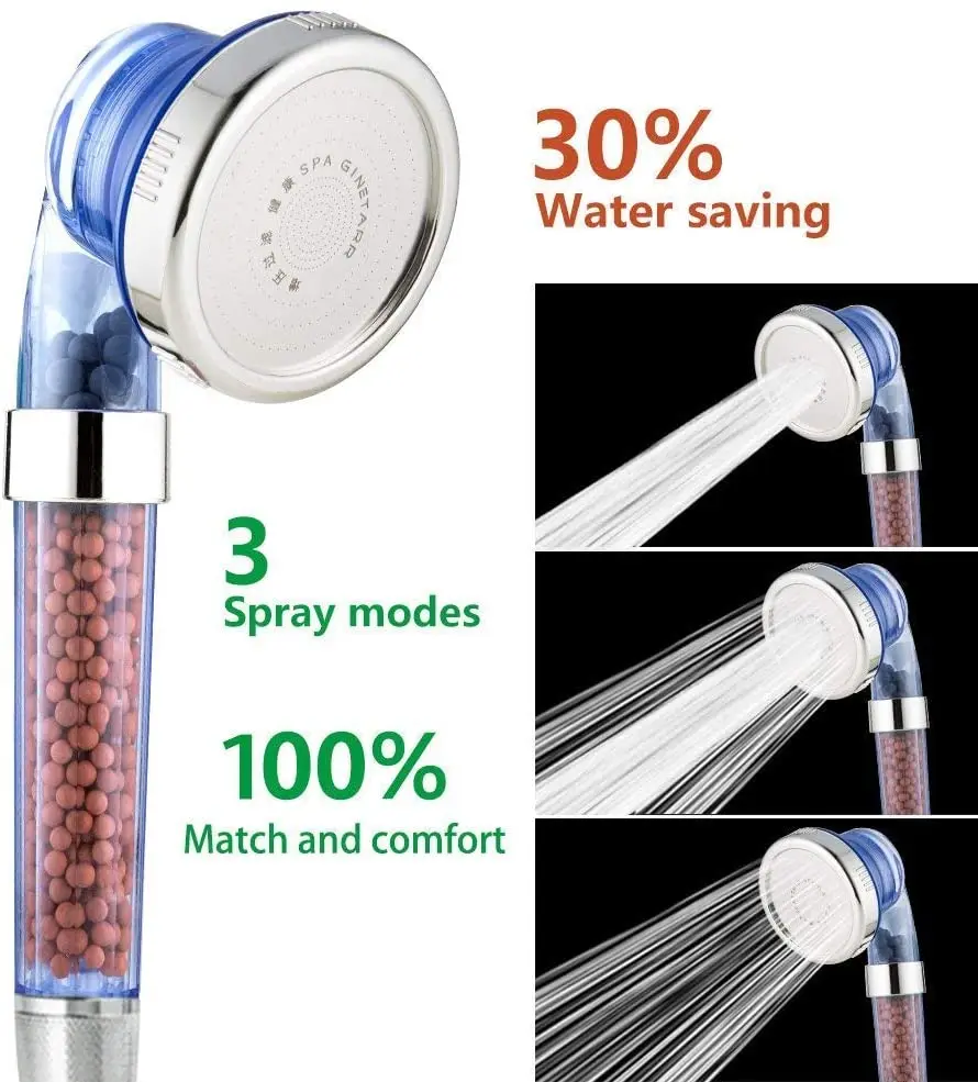 

Handheld Shower Head Ionic Filter Filtration High Pressure Water Saving 3 Mode Function Spray Handheld Showerheads
