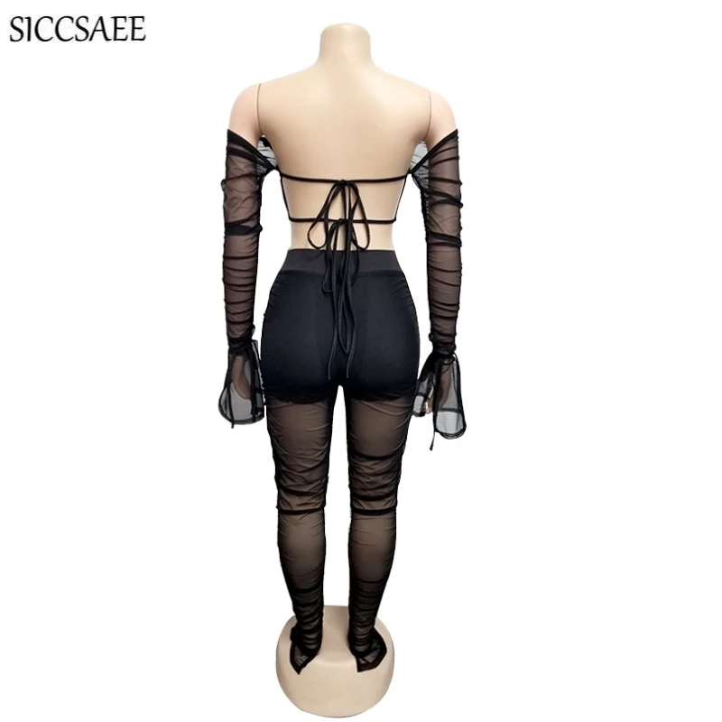 

Backless Ribbons Lace Up Flare Sleeved Crop Top See Through Mesh Two Piece Set Ruffles Sexy Crushed Bodycon Bodysuit Crinkle