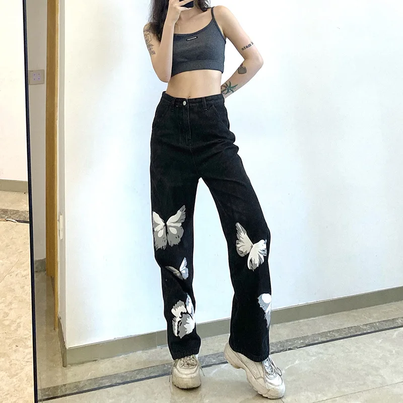 

Butterfly Print Black Jeans Women Casual Harjauku High Waisted Denim Pants Ladies Punk Streetwear Trousers Female Y2K