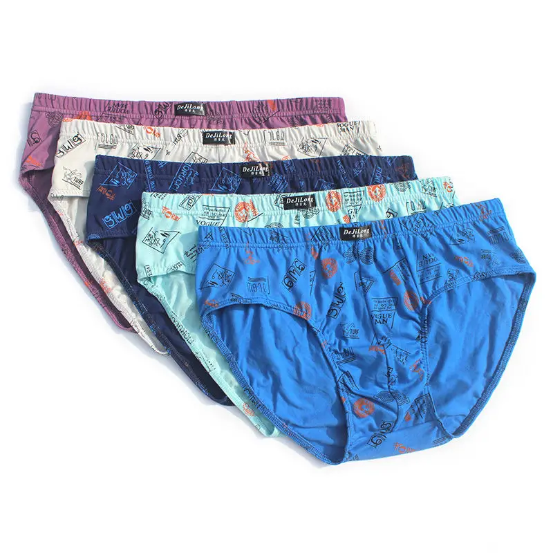 5pcs/Lot Men's 100% Cotton Briefs Mid Waist Briefs Large Size Printing Middle Aged Youth Pants Cotton Panties