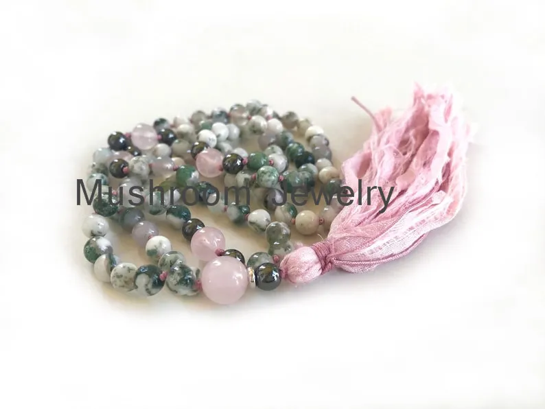 Free Shipping Pink Semi Precious Stone Beads 108sari siilk tassel Necklace