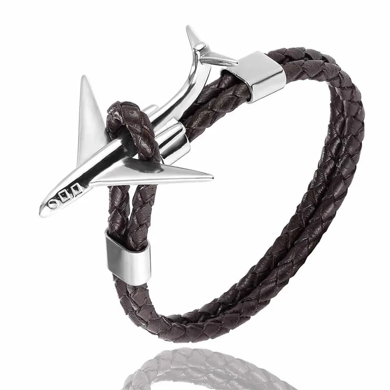 Silver Retro MKENDN, модный ретро кожаный браслет, нержавеющая сталь, самолет, якорь, браслеты для мужчин и женщин, Летний стиль, обёрточная бумага, металлический спортивный крючок - Metal Color: Silver Retro