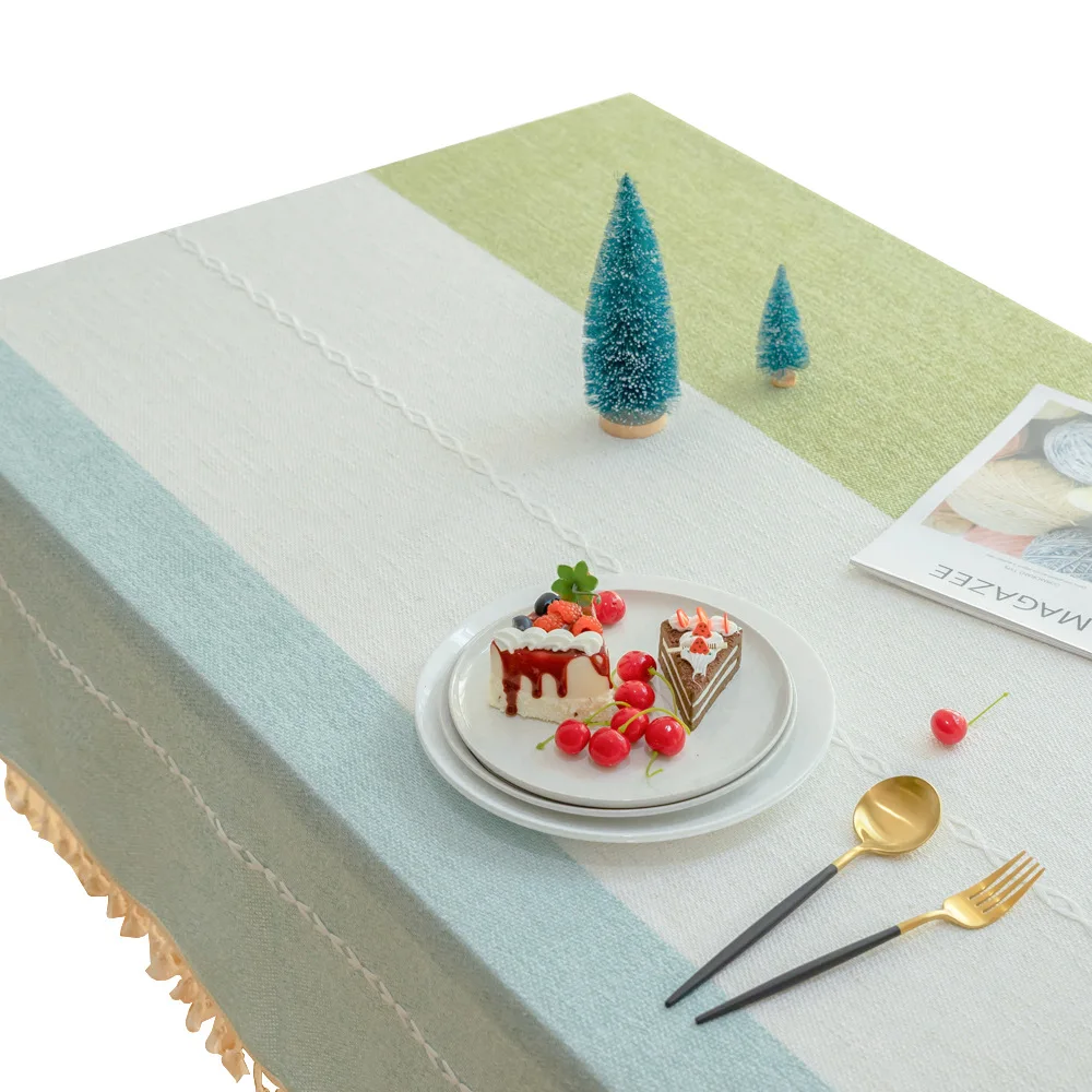 

Stripes Cotton Linen Embroidered Tassel Tablecloth For Table Cover Table Dining Coffee Desk Cloth Party Birthday Decoration