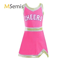 kids girls cheerleading uniform cheerleader modern jazz hip hop costume v neck letters cheers print high waist short sport dress
