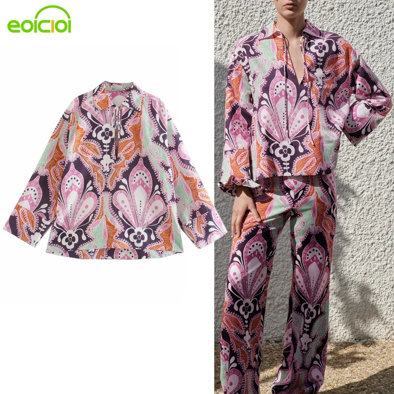 

EOICIOI Za Women Blouses Pink Print Oversized Shirts Woman 2021 Summer Long Sleeve Plus Size Ladies Tops Collared Blouses Female
