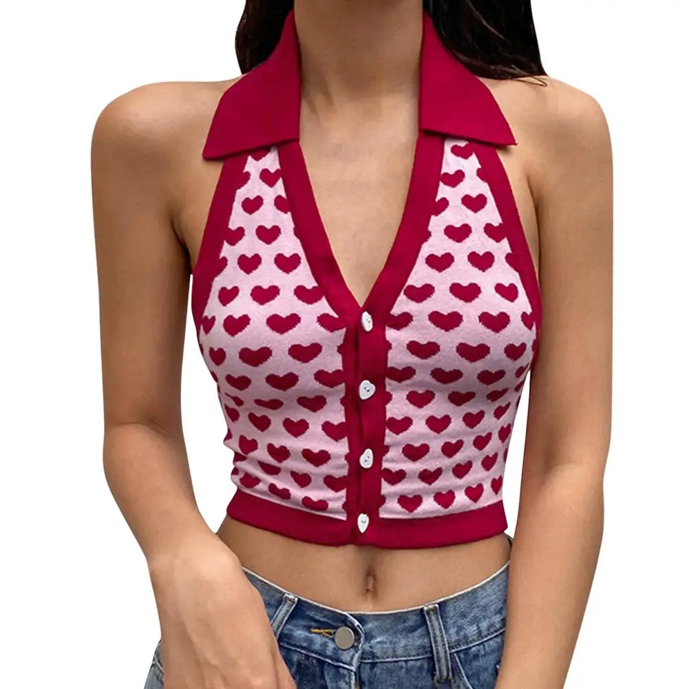 

For Y2K Tank Top Printing Halter Neck V Halter Slim Vest V Neck Vest Women Sleeveless Plaid Knitted Crop Sweaters Casual For Y2k