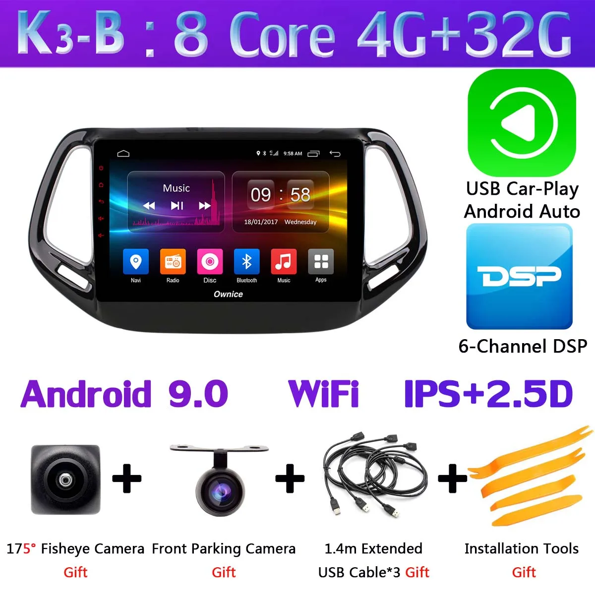 K3-B-CarPlay 360 ° панорамный 4G+ 64G Android 9,0 автомобильный мультимедийный плеер для Jeep Compass автомобильный радиоприемник с навигацией GPS CarPlay SPDIF - Цвет: K3-B-CarPlay
