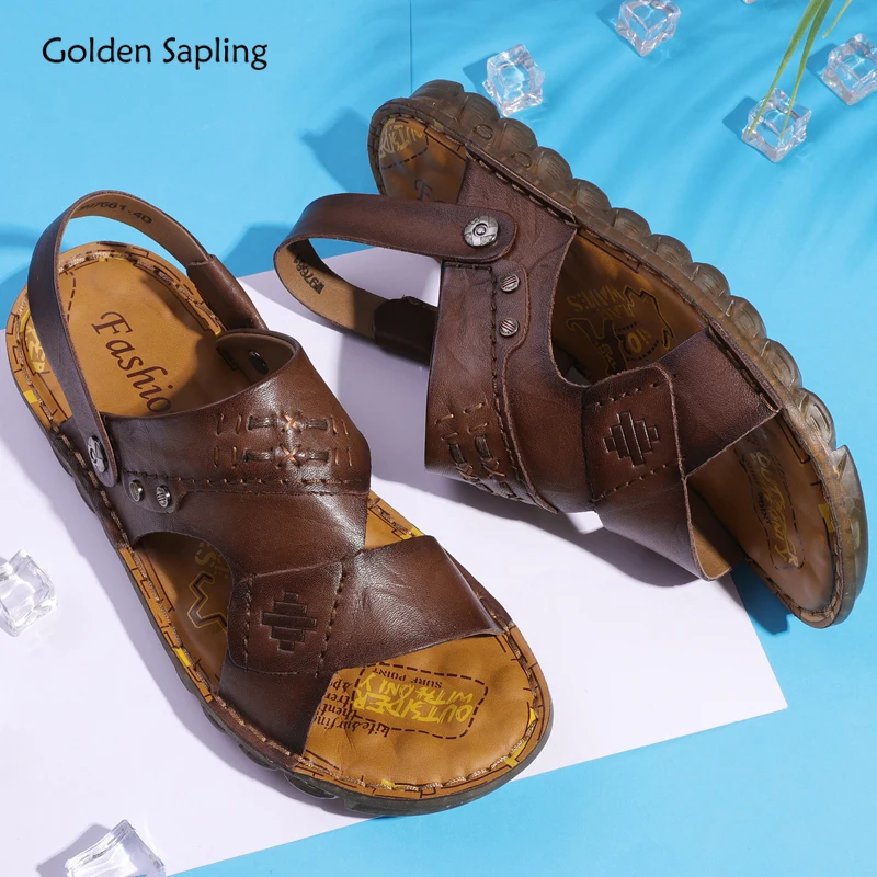 

Golden Sapling Retro Men's Sandals Genuine Leather Beach Shoes Breathable Summer Outdoor Sandals Fashion Rome Leisure Shoes Men