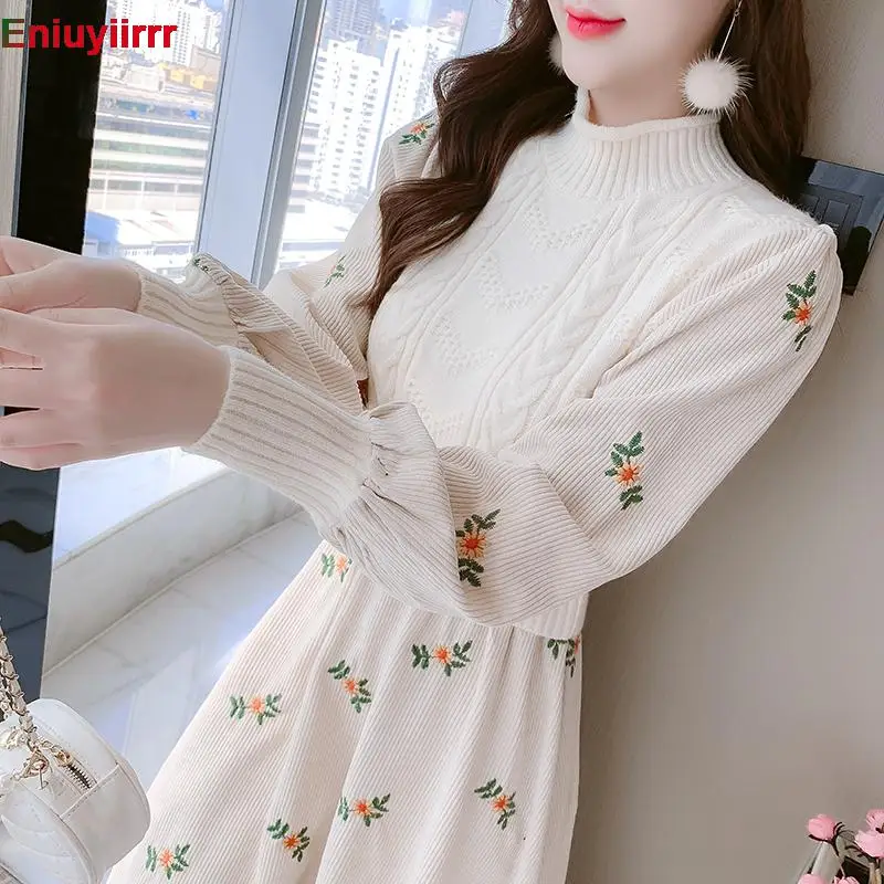 

Women Spring Winter Vestidos Corduroy A-line Knitted Robe Femme Floral Print Vintage Patchwork Faux Two Piece Knit Sweater Dress