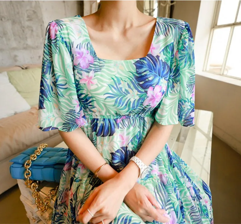 

2021 Summer fashion Fresh temperament Casual women Bohemia Floral Print Chiffon dress Vestidos