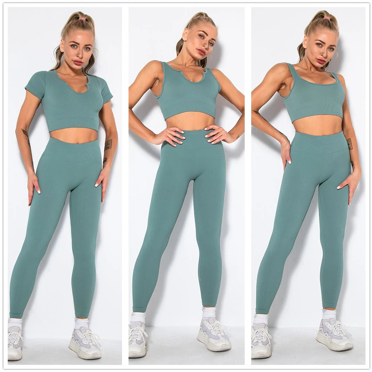 

Hipsterme 3D Stripe Seamless Yoga Set 2 Piece Outfits Women Fitness Sports Suits Sportswear Short T Shirts Bras Push Up Leggings