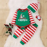 new year costume baby boys clothes set xmas letter print bodysuit striped pants and hat 3pcs baby christmas outfit 1 2 years