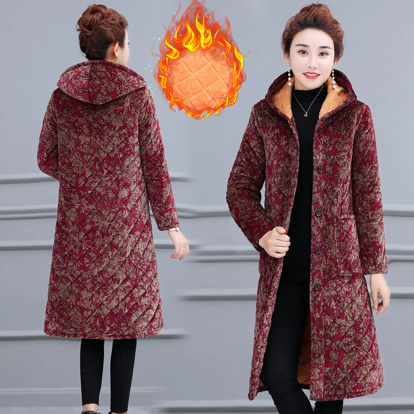 

2020 New Middle Age Women Winter Leaves Floral Print Warm Coat Long Sleeve Hooded Jacket Cozy Single Breasted Outwear ParkaA312
