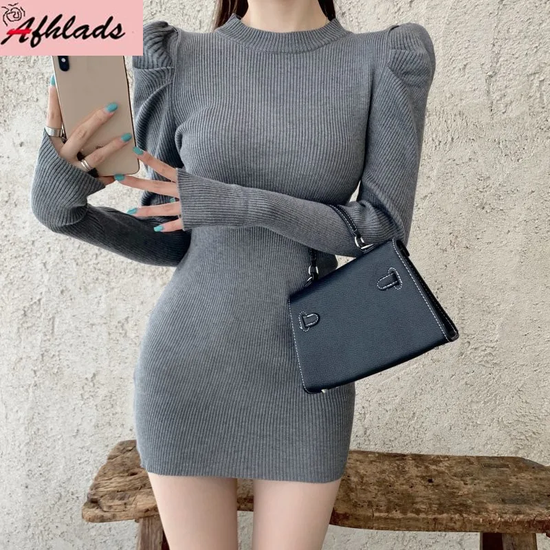 

2021 Autumn And Winter New Round Neck Knitted Dress Korean Fashion Slim High Waist Solid Color Mini Sheath Dress For Women
