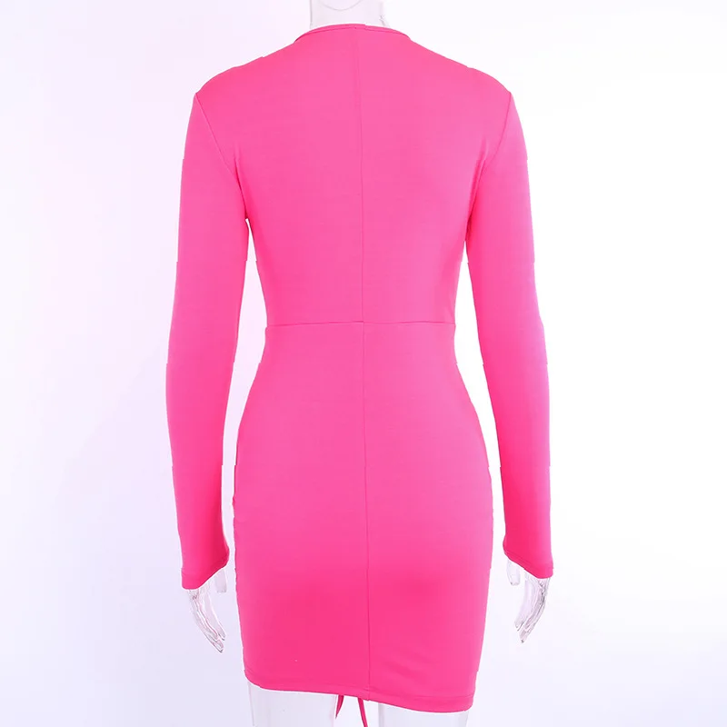 

2020 Women Bodycon Dress Pleated Drawstring Deep V Neck Long Sleeve Sexy Skinny Party Autumn Winter Clothes Club Streetwear