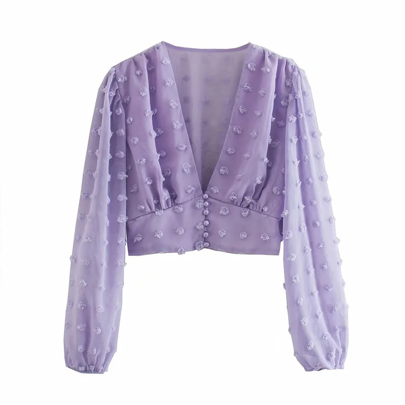 

2020 Summer Women Chiffon Blouses Shirts Short Tops Long Sleeve Deep V-Neck Polka dot Buttons Female Sexy Street Shirt blusas