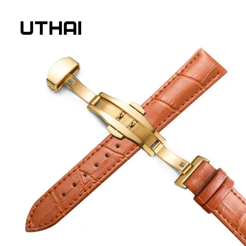 Gold-light brown UTHAI Z09 плюс Натуральная кожа Ремешки для наручных часов 12-24 мм Универсальные часы Бабочка Пряжка группа сталь Пряжка ремешок наручный ремень браслет - Цвет ремешка: Gold-light brown