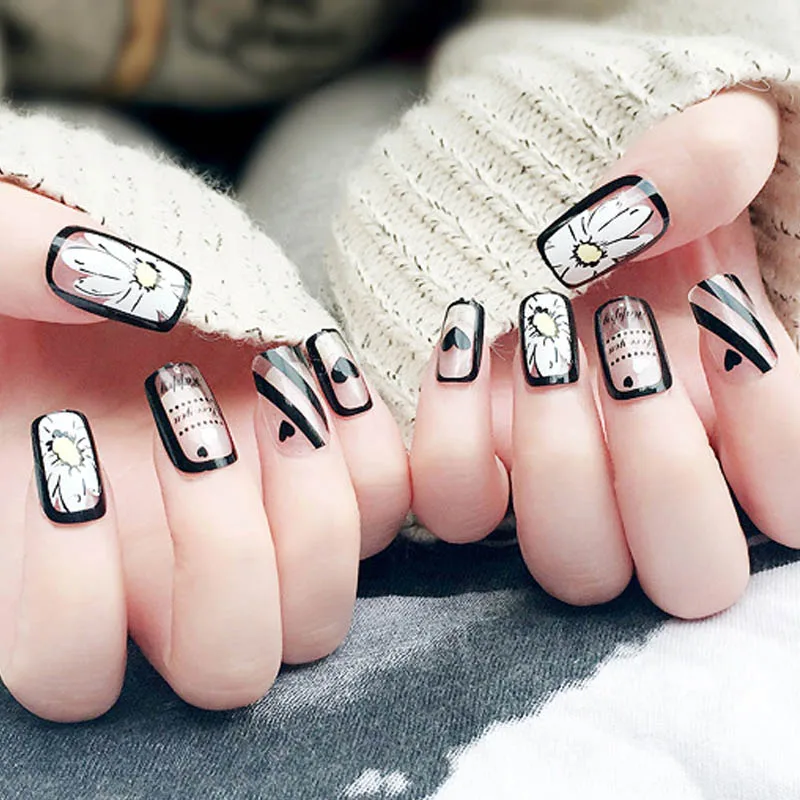 24 шт длинные искусственные ногти с полным покрытием клеем Черные накладные