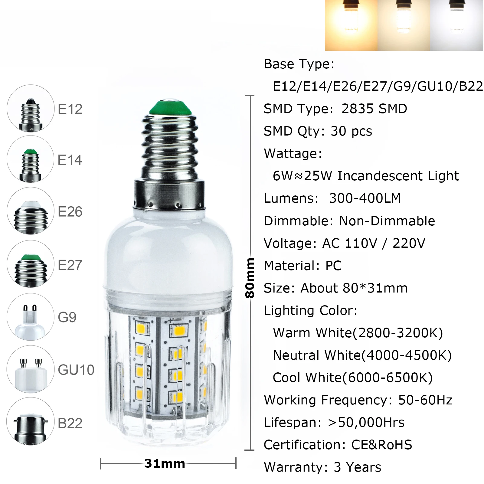 Светодиодный кукурузы лампочка E12 E14 E26 E27 B22 лампы 2835 SMD 110 220V 5 Вт 6 Вт, 15 Вт, 20-60 W 21 30 102 светодиодный S для Украшения дома и офиса - Испускаемый цвет: 6W 30LEDs