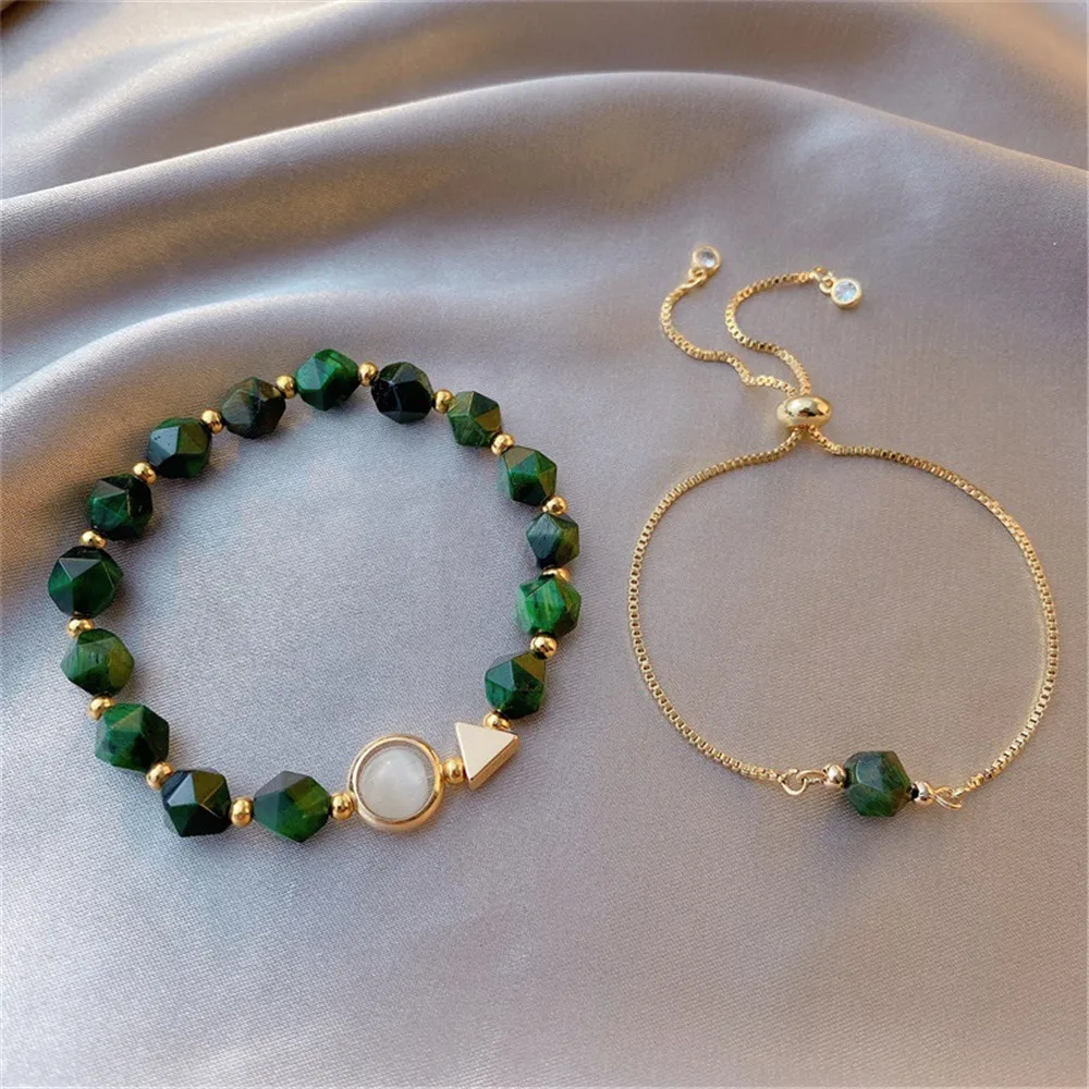 

2pcs/set Light Luxury Green Gem Stone Bracelet Female Korean Version Simple Personality Niche Design Bracelet Adjustable 2021