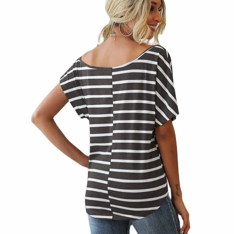 

2021 Women's Clothing Summer Fashion Diagonal Collar Stripe Loose Bandage Short Sleeve T-Shirt