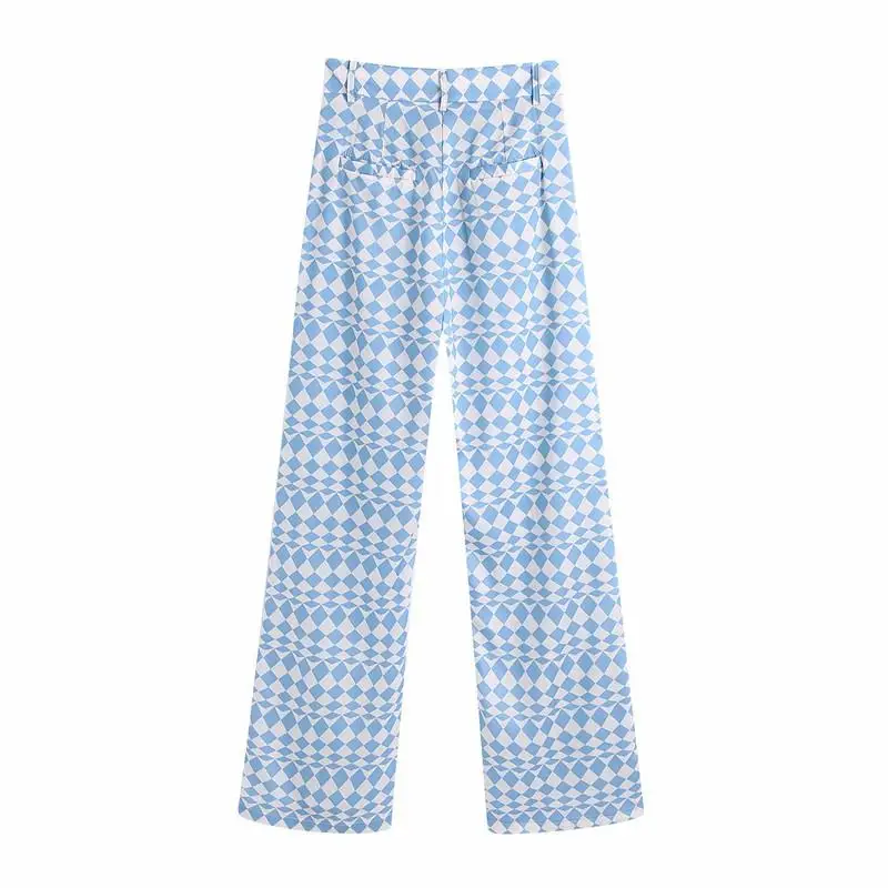 

Za 2021 Geometric Print Blue Summer Shirt Women Short Sleeve Dropped Shoulders Vintage Top Patch Pocket Button Up Loose Blouse