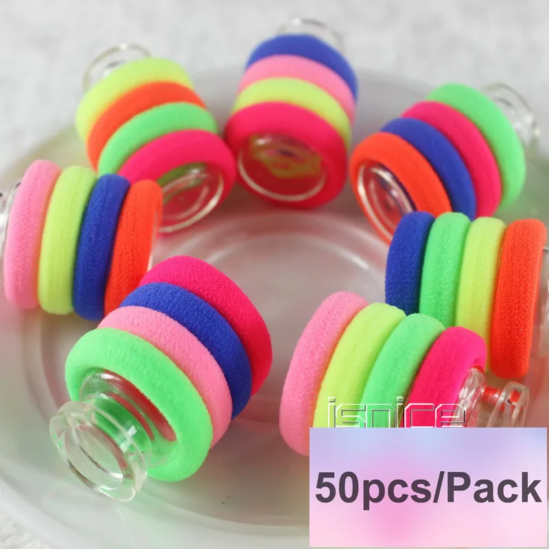 50pcs Rainbow bands Isnice/галстук-бабочка для волос; аксессуары для волос для девочек; разноцветные резинки для волос с милыми ушками, звездочками, павлином и цветком; головные уборы или заколки для волос - Цвет: 50pcs Rainbow bands