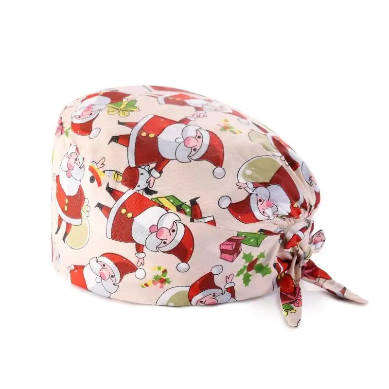 

Xmas Adjustable Cotton Nurse Hat with Button Christmas Print Sanitary Cap With Sweatband Surgicals Hat For Men and Women
