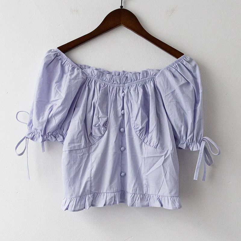 

Spring and Summer Women's Square Neck Short Shirt Sweet Slim Bubble Sleeve Top Elastic Short Sleeve Shirt 2021
