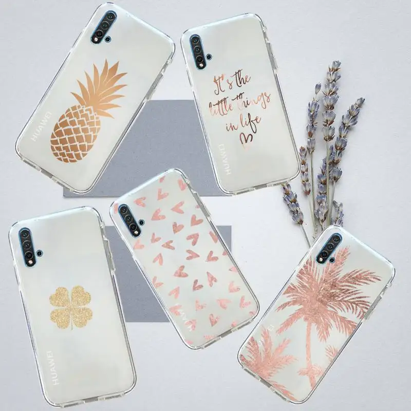 

Gold leaf Pineapple love pattern Phone Case Transparent for Huawei honor P mate 40 20 30 10 50 i 9 x mate pro lite 8a