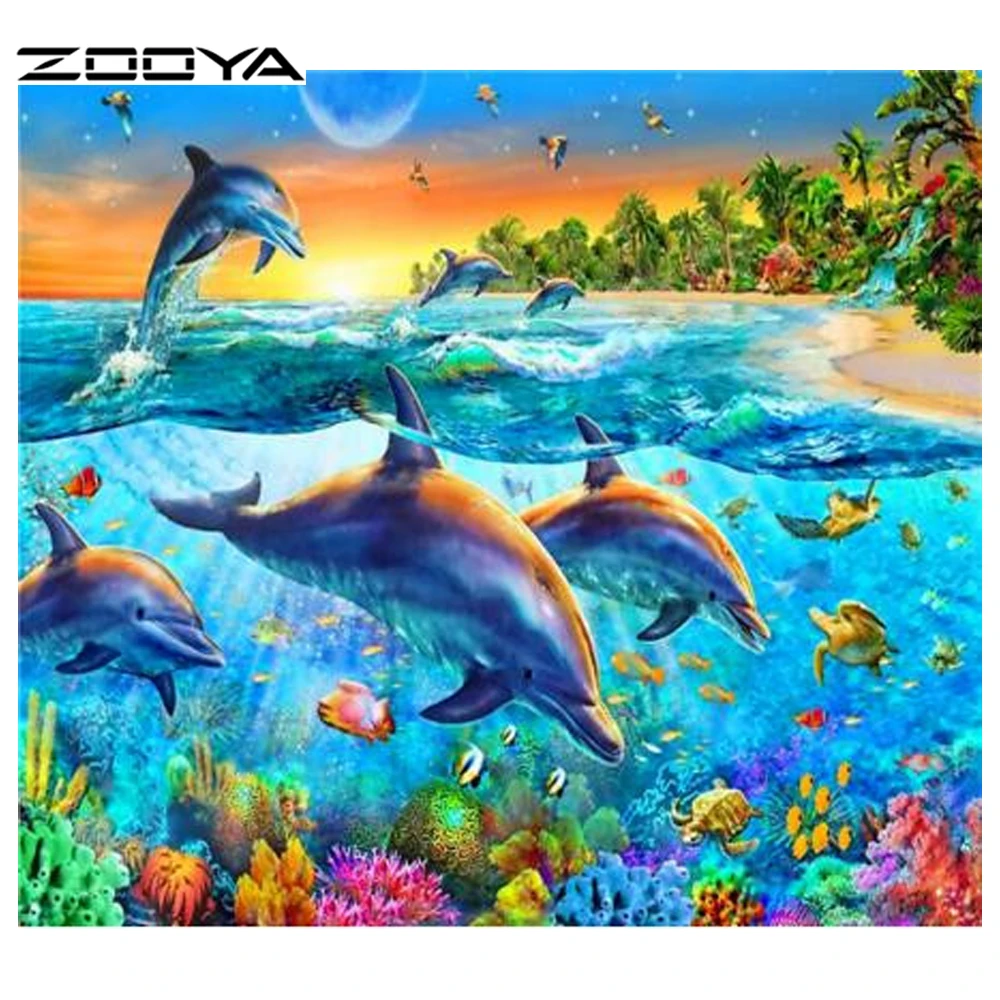 Алмазная картина ZOOYA, пейзаж дельфина, полная Алмазная вышивка, узор, стразы, Алмазная мозаика, Рукоделие, сделай сам, Европа, RF504 - Цвет: RF504-1