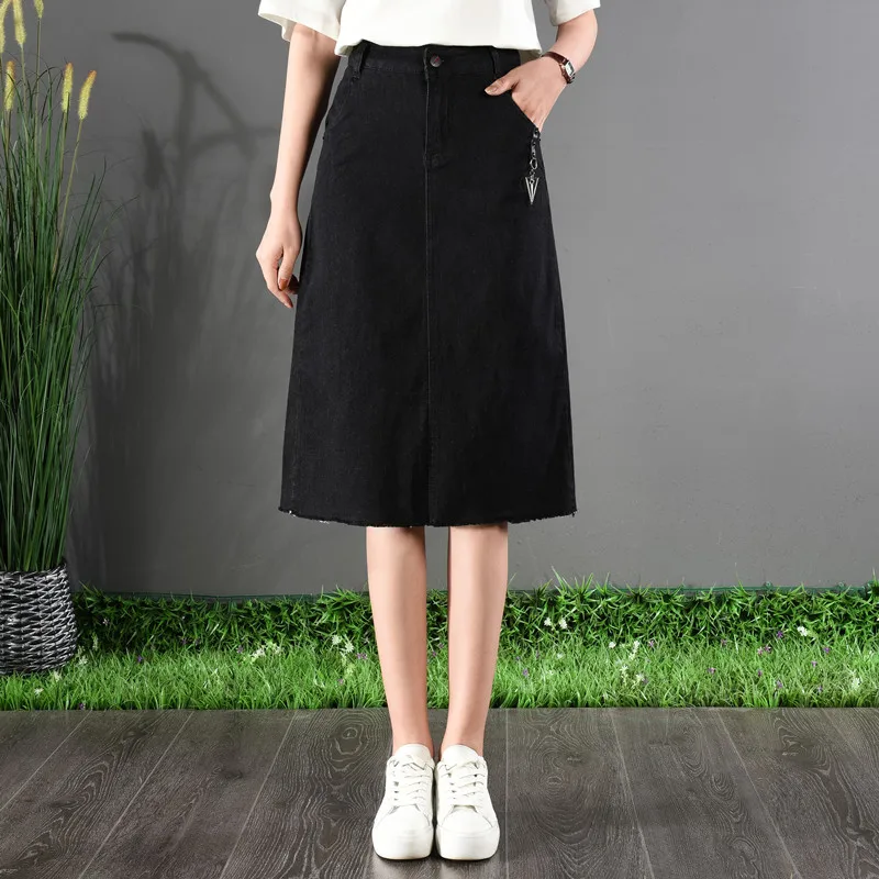 Autumn Knee Length Denim Skirt Korean Preppy Women Black Long Jeans Skirt  Ladies High Waist Jeans Skirts