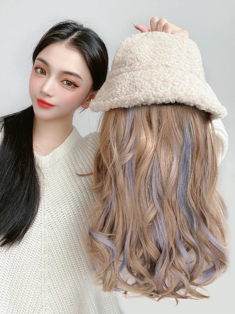 Женская шерстяная шляпа парик из длинных волос интегрированная синяя с длинными