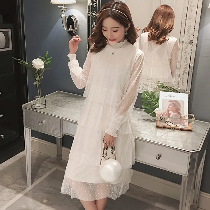 Осеннее Сетчатое платье Одежда для беременных женщин новое корейское элегантное