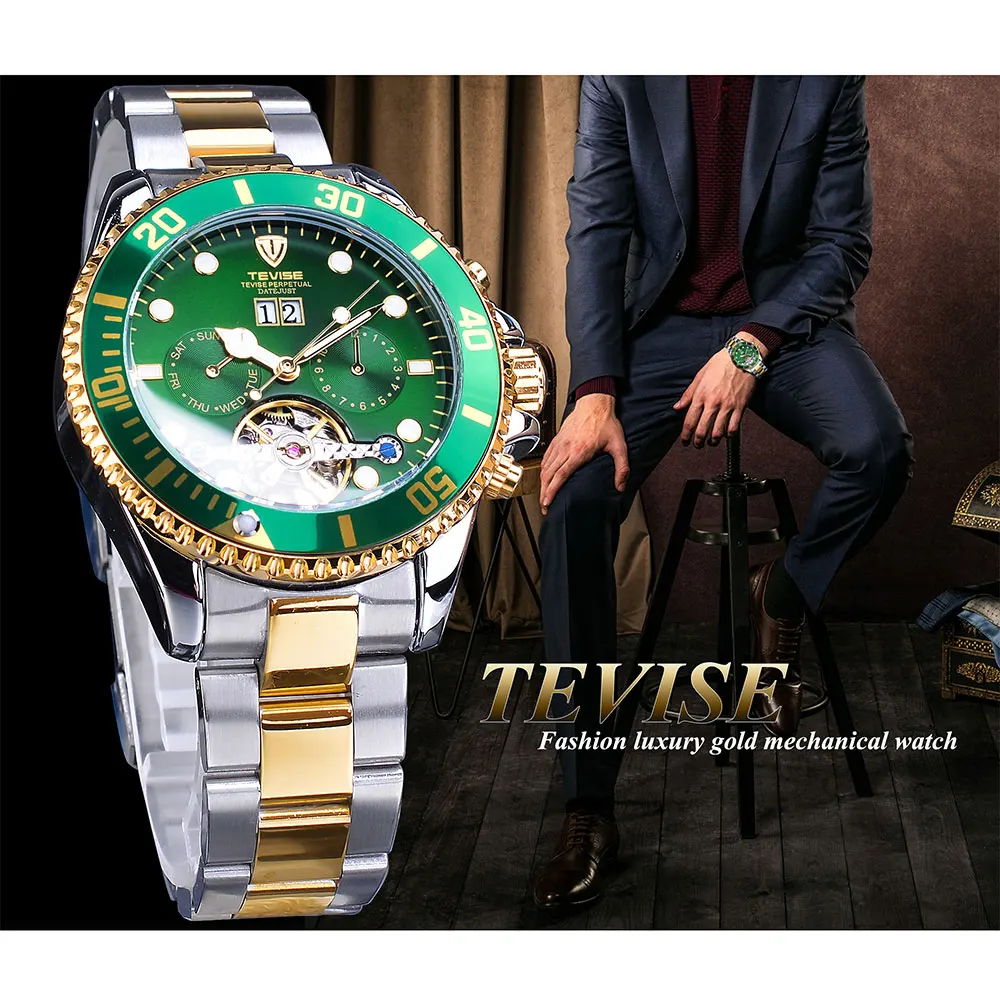 TEVISE зеленый циферблат Tourbillion золотой ободок мужские роскошные бизнес