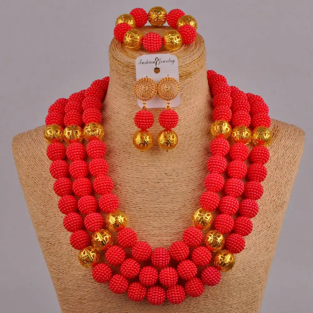 

24inches necklace african beads red set simulated pearl nigerian traditional wedding set african jewelry set FZZ63