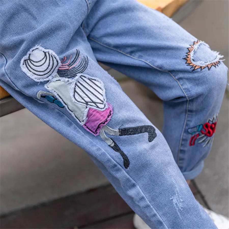 

Джинсовые штаны для девочек, 2020, модные детские джинсы с милым мультяшным цветочным узором, весенние высококачественные детские повседневн...
