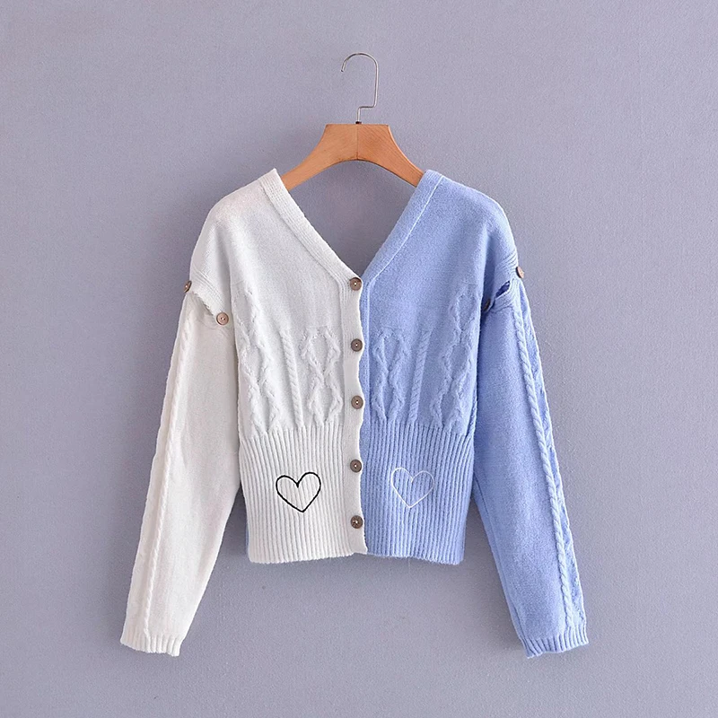 

Uniera 2021 Za women's fall new V-neck button two-color fashion color blocking embroidery stitching knitted women's cardigan