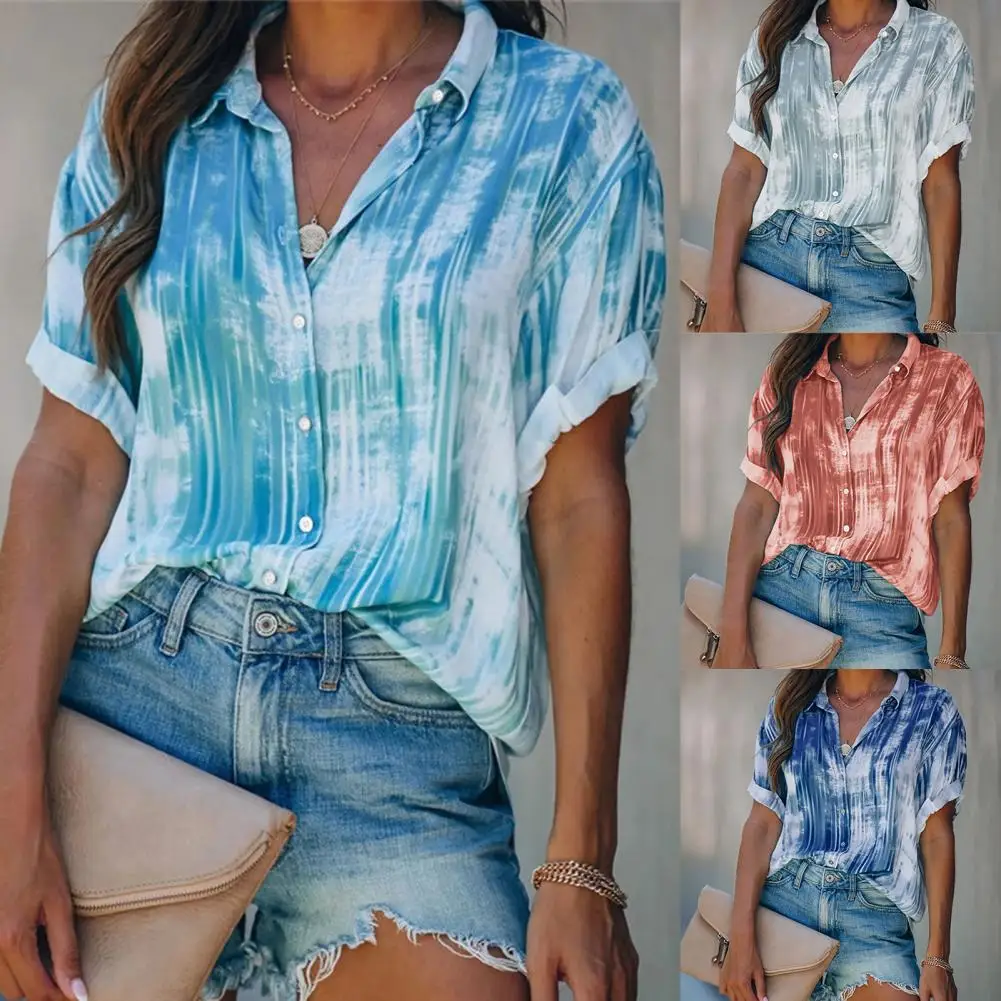 

Women Summer Shirt Single Breasted Women Shirt Turn-down Collar Skin-friendly Short Sleeve Print Casual Shirt Blouse 2021