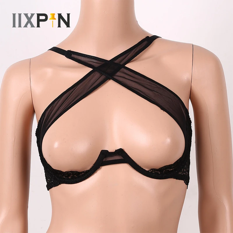 

Women Sexy Open Cup Bras Erotic See Through Sheer Mesh Lingerie Sexy Lace Bralette Crisscross Front Underwired Bra Top Nightwear