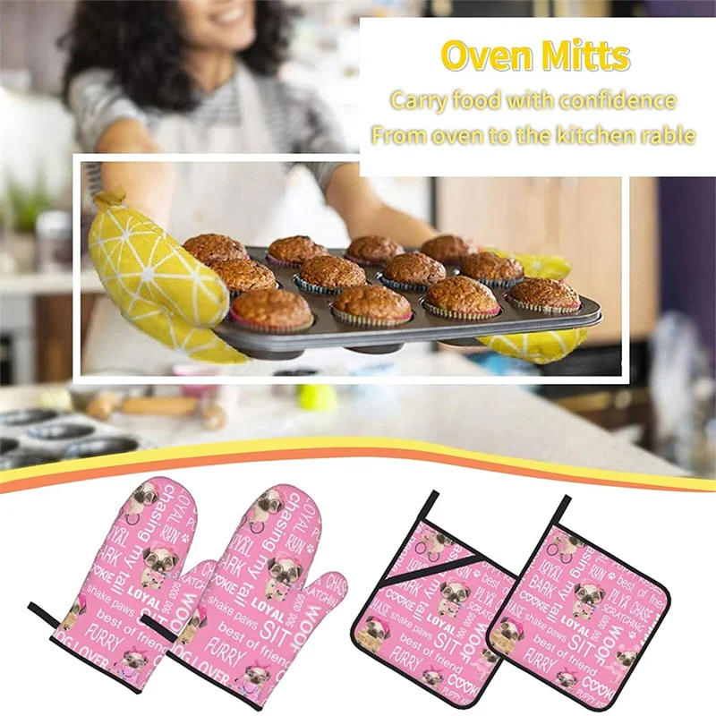 

Oven glove and pot holder set heat-resistant 4-piece set, kitchen utensils non-slip insulating gloves for baking and cooking