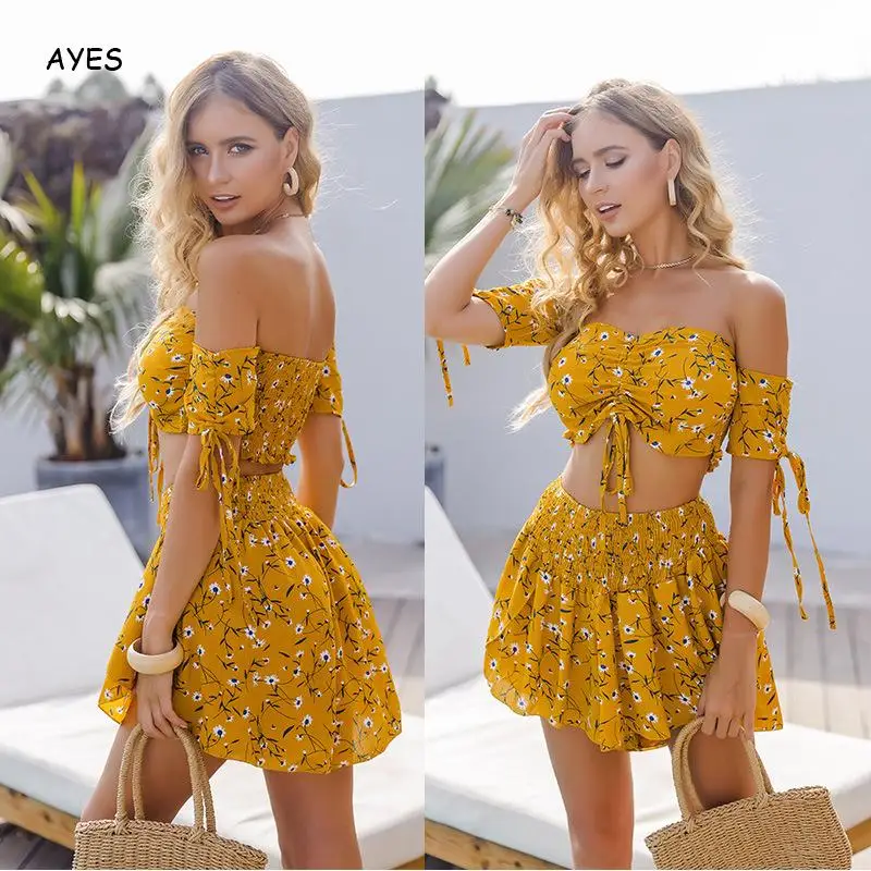 

Bohemian Women Summer Two-Piece Dress Set Stretch 2 Piece Floral Printed Female Slash Neck Short Sundress Beach Mini Skirts Set
