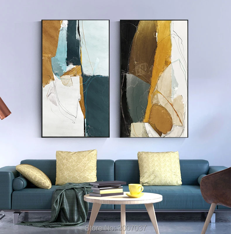 Абстрактная желтая зеленая холст Современная синяя картина маслом модная на
