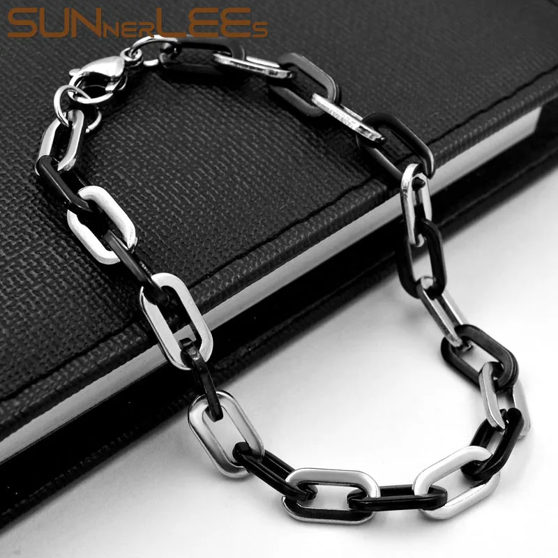 SUNNERLEES 316L браслет из нержавеющей стали, полированный, 6,5 мм, Геометрическая Серебряная цепочка из звеньев, золотой, черный, для мужчин и женщин, ювелирный подарок SC96 B
