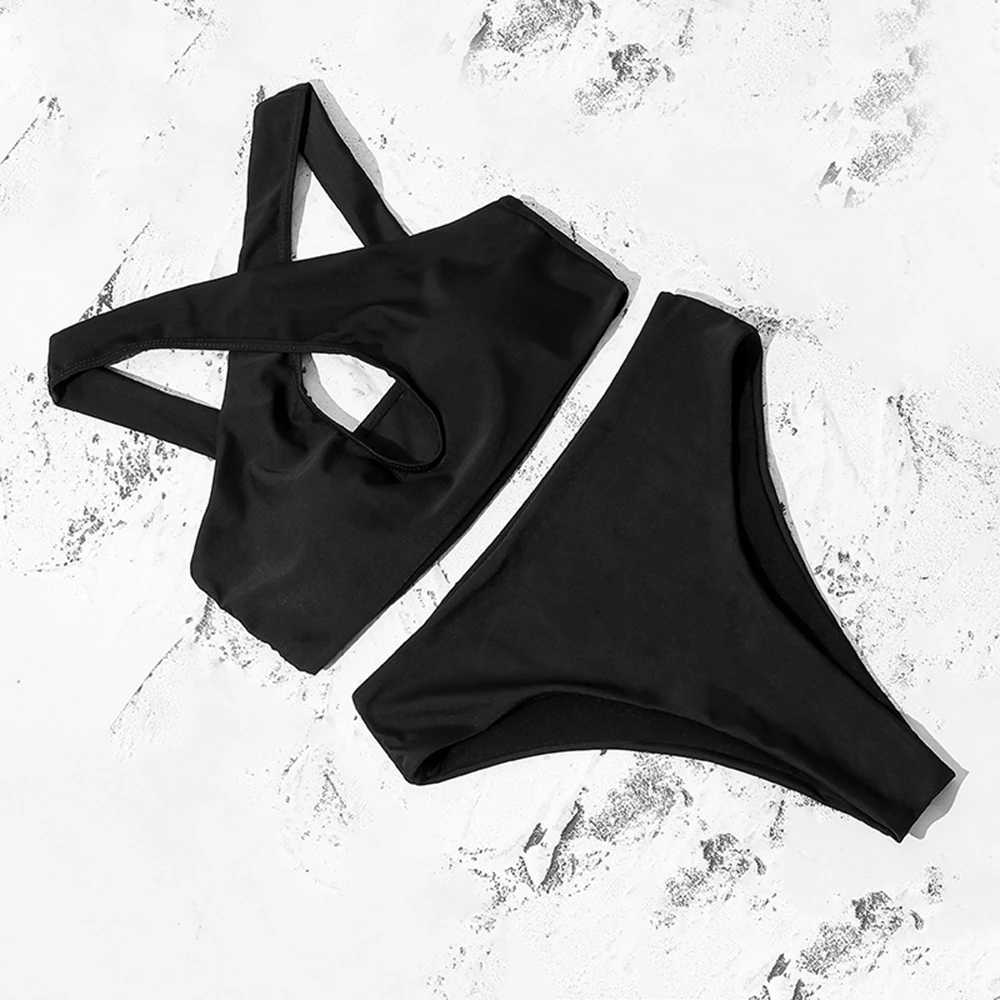 

Qeils Cross Black Bikinis Solid Sexy Bikini 2021 Hot Sale Padded Bra High Waist Swimsuit Hollow Out Swimwear Women Biquini