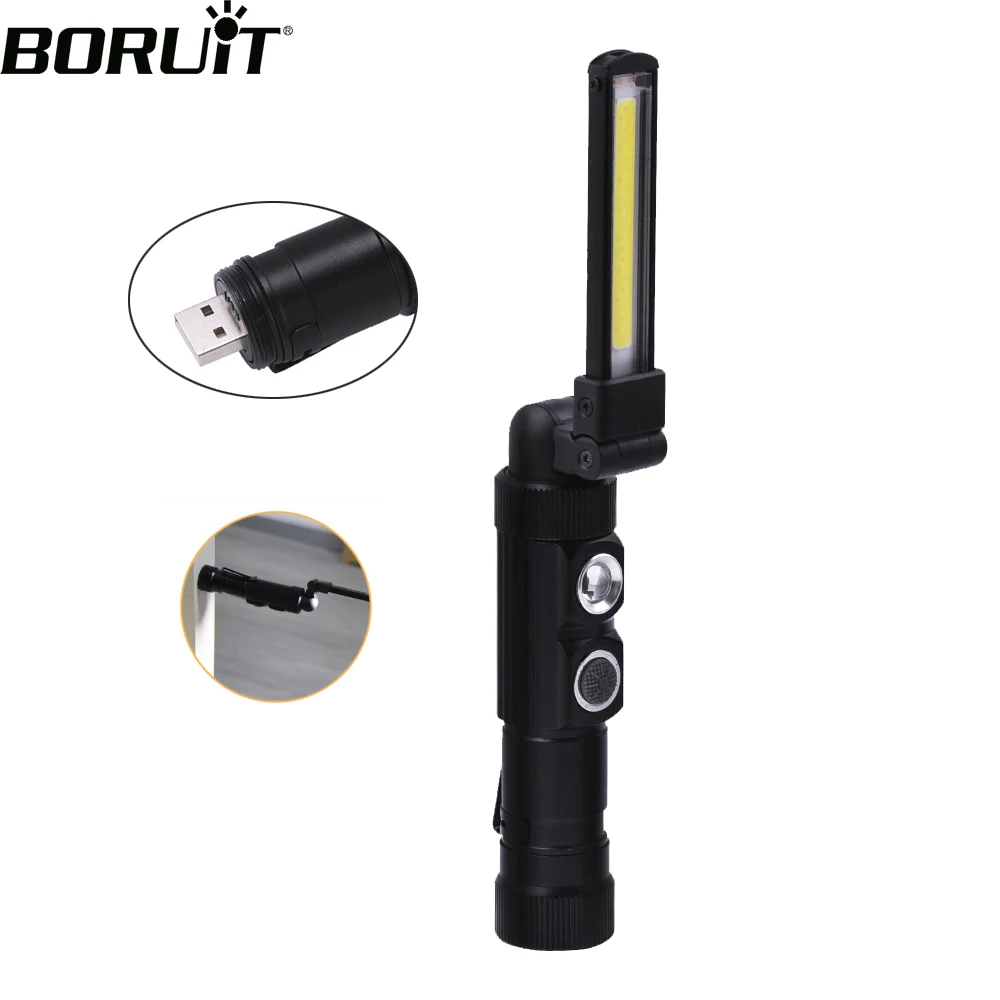 BORUiT USB Rechargeable Working Light COB LED Flashlight  Built-in Battery Portable Lanterna with Magnet Outdoor Camping Torch