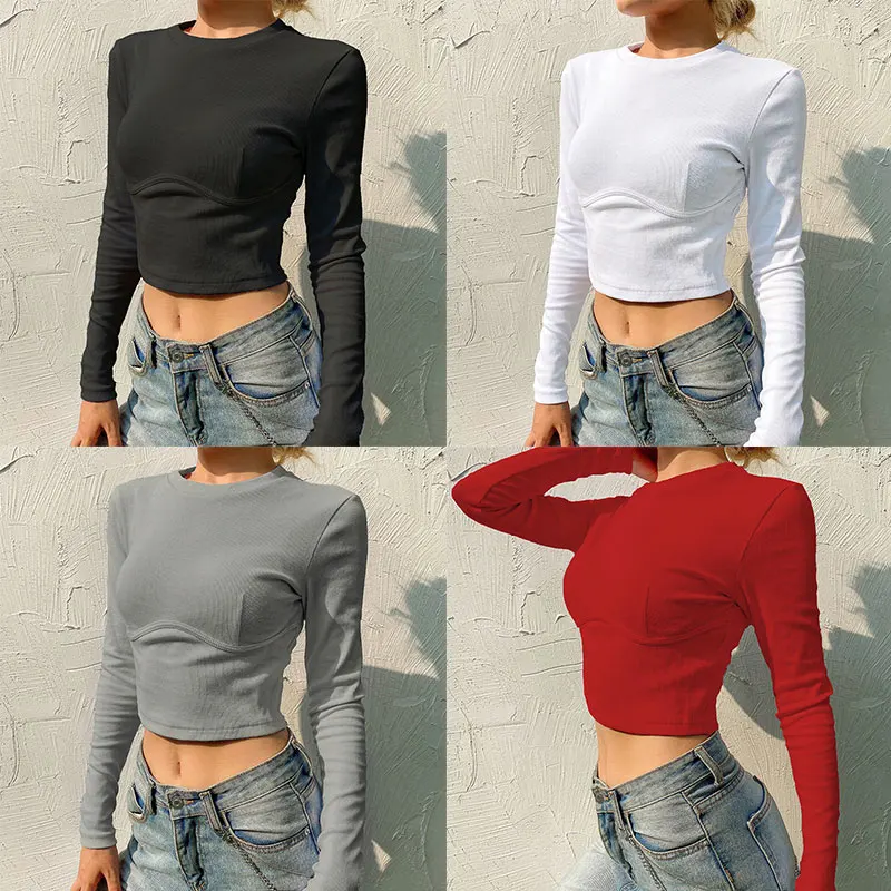 

2021 European and American Autumn New Women Clothes Tshirt Women Streetwear Knitted Short Full Solid Korean Woman Tshirts