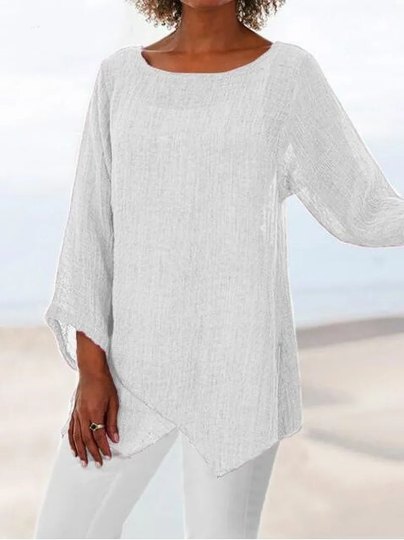 

2021 Spring Autumn Casual Women T Shirt Full O-Neck Irregular Hem Loose 5XL Plus Size Vintage Women Tops