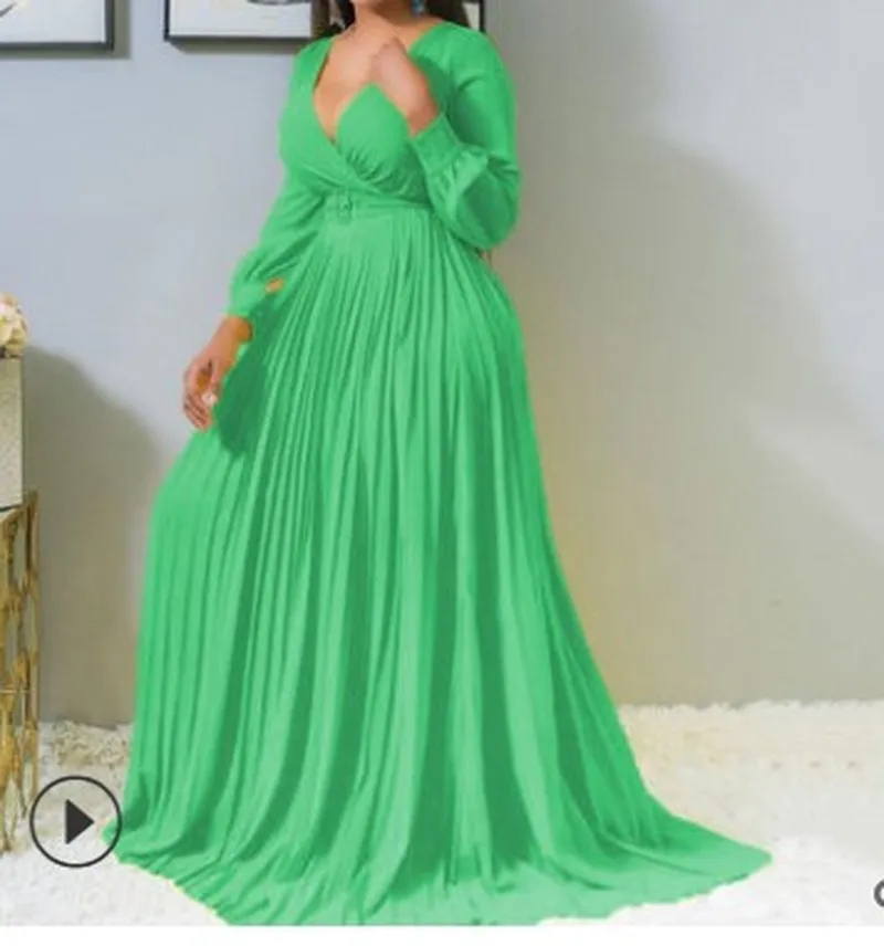 Женское платье Макси плиссированные платья с завышенной талией поясом и v