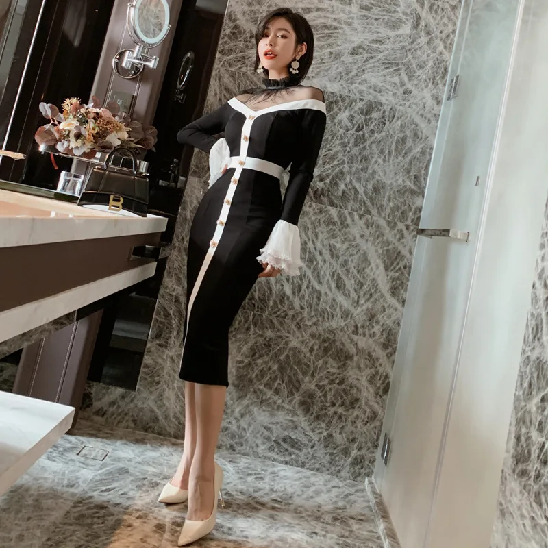 Женское платье карандаш с воротником стойкой длинным Расклешенным рукавом